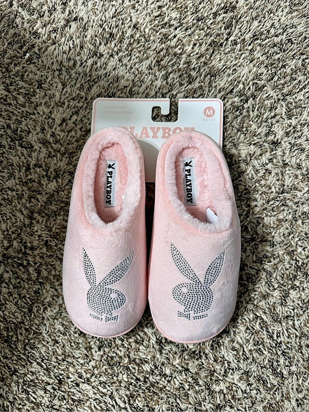 Playboy Rhinestone Bunny Logo Faux Fur Slippers Pink US 6.5-7.5